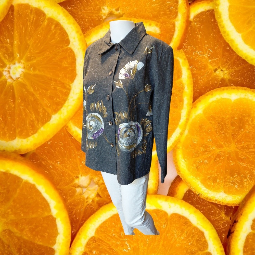 Alex Kim Gray Floral Embroidered Sequined Button Down Blazer Women's Size S